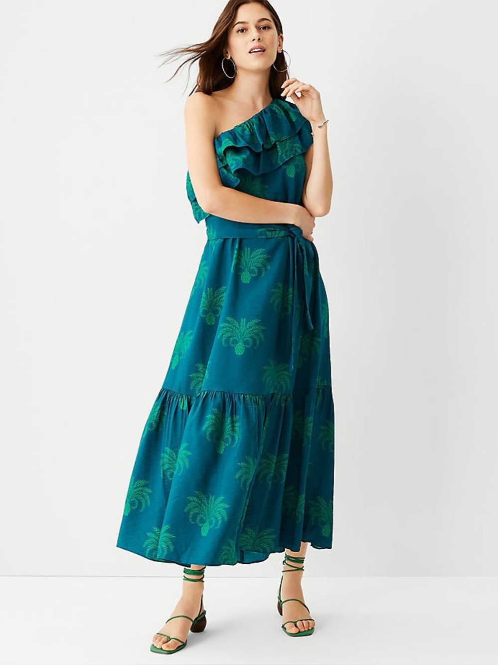 NWT Ann Taylor One-Shoulder Teal Green Maxi Dress with Ruffle Women’s Large